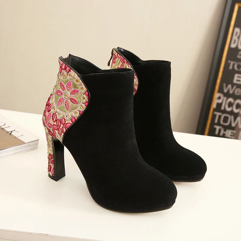 

Women's Retro Embroidery Patchwork Genuine Leather High Heel Platform Ankle Boots Brand Design Comfort Short Booties Shoes Women
