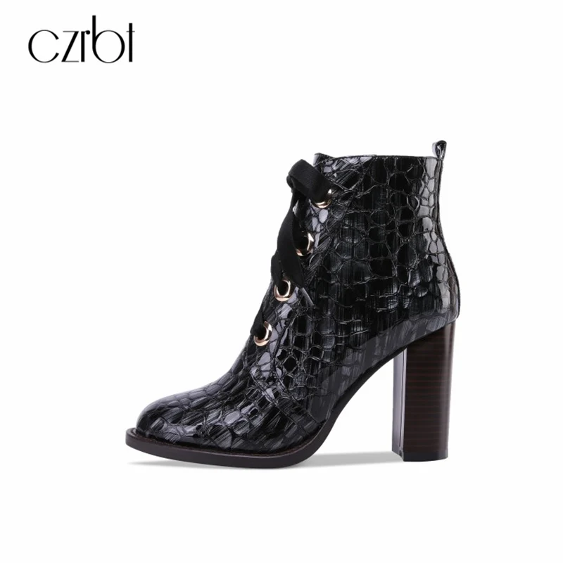 

czrbt 2018 Women ankle boots cow leather Rome style wine color winter warm fur short plush squaer heel high heels women boots