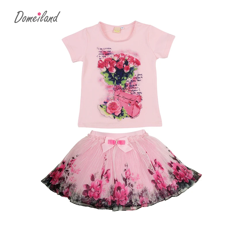 2017 fashion summer domeiland children clothing sets kids girl outfits print floral short sleeve cotton tops skirt suits clothes