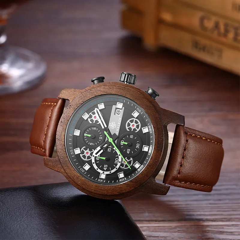 leather wood waterprooof man watch