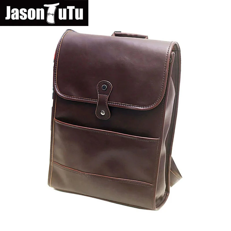 

JASON TUTU vintage backpack mochilas men back pack Boys 14 inch laptop backpack High quality PU leather double shoulder bag B379