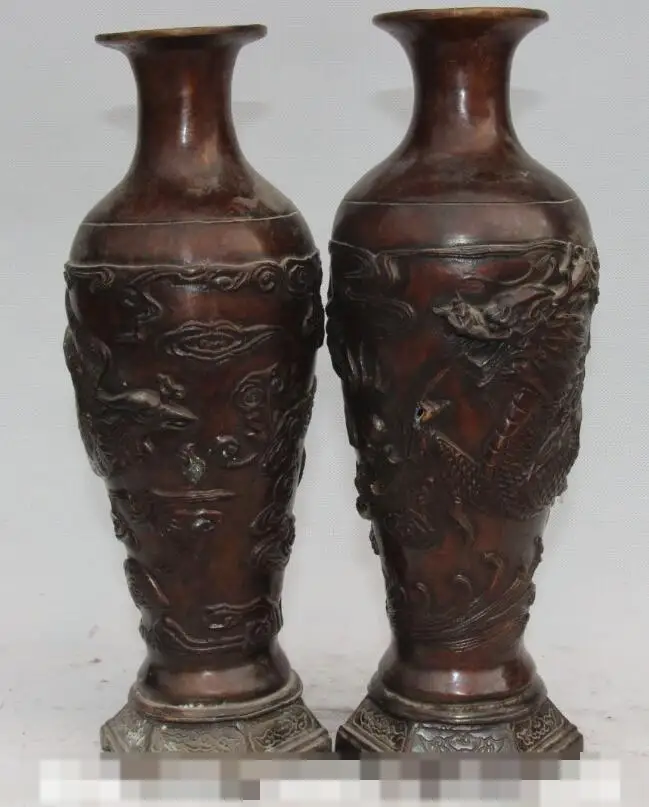 

S02137 12" Marked Chinese Bronze Carving Dragon Flower Vase Bottle Jar Pair Statue