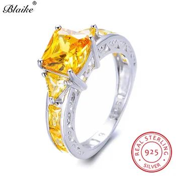 

Blaike Genuine 925 Sterling Silver Yellow Topaz Rings For Women Men Charming Citrine Jewelry Square Zircon Birthstone Ring Gifts