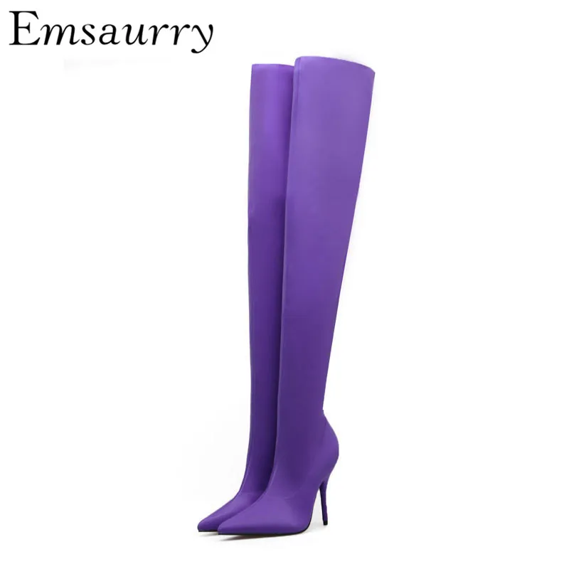 

Sexy Catwalk Elastic Satin Thigh High Boots Women Point Toe Thin Heels Candy Color Party Shoes Botas Mujer