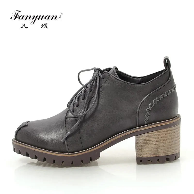 

Fanyuan Fashion Thick bottom high heels Casual Retro Lace-Up pumps Solid Round Toe Cross-tied women shoes chaussures femme