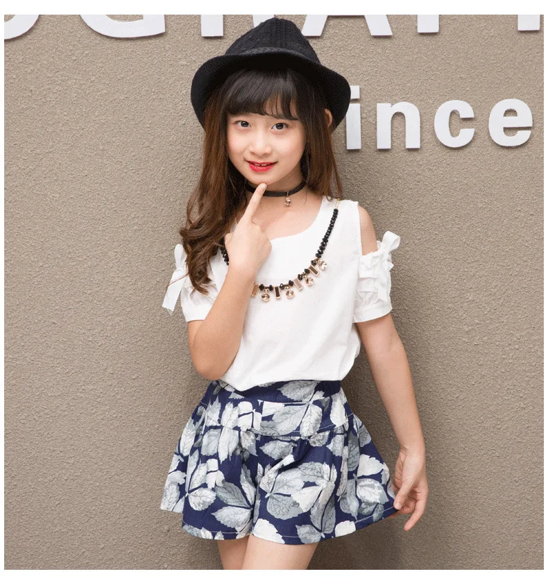 2019 Summer Girls Clothing For Teenage Short Sleeve Shirt Print Shorts Cotton Linen Kids Clothes Sets Fashion 2Pcs Children Suit (7)