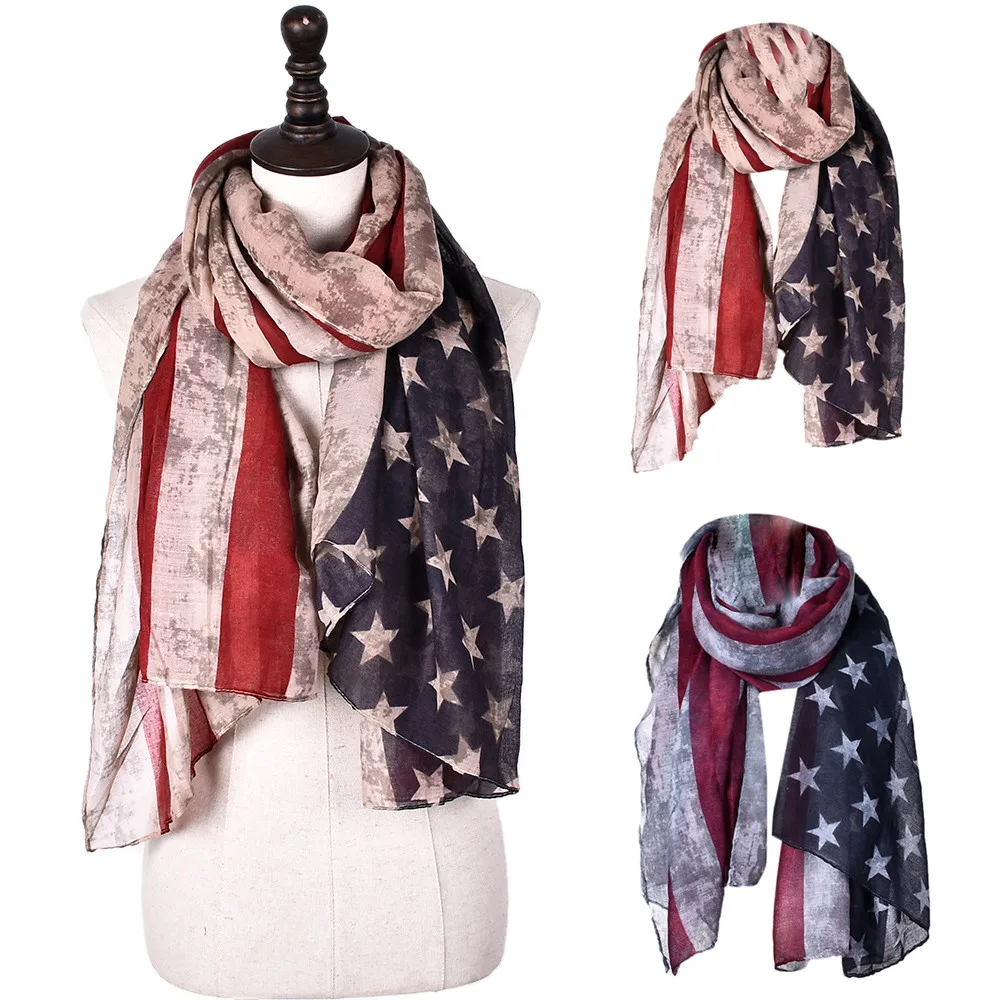 

KLV 1PC Women Scarf Polyester American Flag Printed Soft Chiffon Shawl Wraps Scarf Fashion Paris yarn Scarves good gift z1127