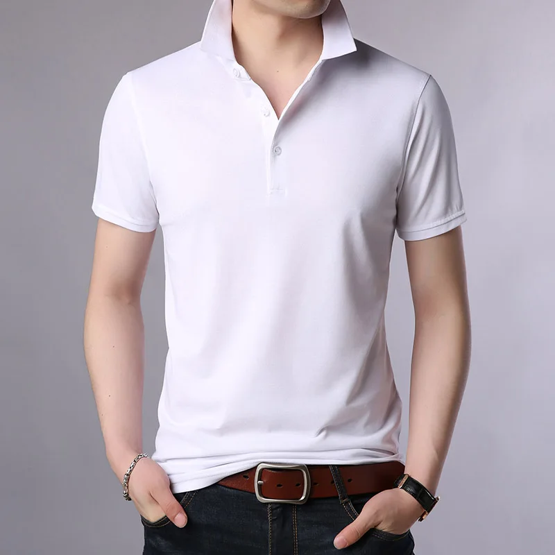 Новая модная брендовая летняя рубашка поло мужская однотонная приталенная рубашка с коротким рукавом высшего класса для мальчиков повседневная мужская одежда - Цвет: Белый