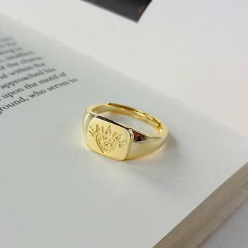 

size7.25 Authentic S925 Sterling Silver FINE Jewelry Gold Heart Engraved Geometric Band ring adjust J485