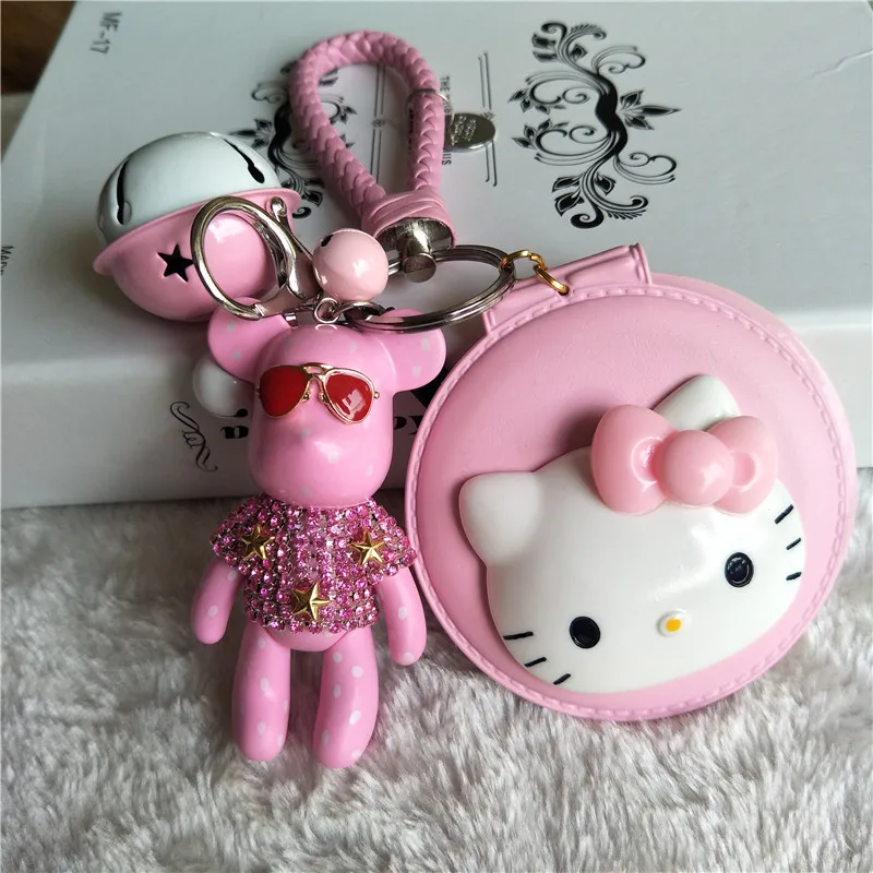 

New Makeup Mirror Hello Kitty Bomgom Bear Keychains Handmade Rhinestone Gloomy Bear Key Ring Holder Girls Car Key Chains Pendant