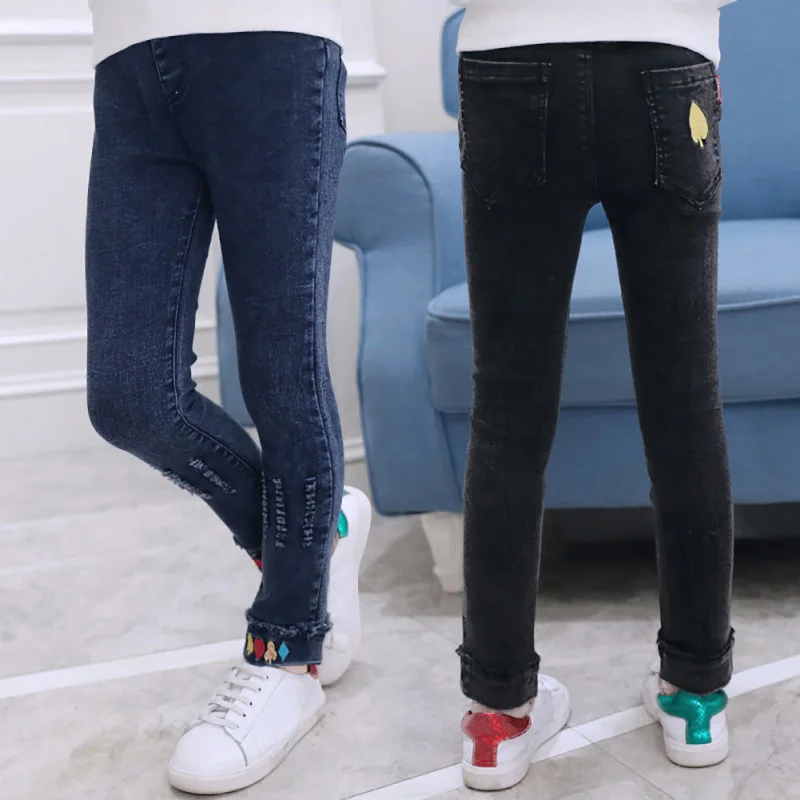Модные детские джинсы для девочек; одежда из хлопка и денима; обтягивающие брюки с эластичной резинкой на талии