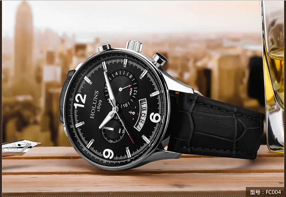 HOLUNS Men Leather Strap Watch 24 Hour Quartz Watches Casual Wristwatch Water Resistant Luxury Round Glass Dial Clock (26)