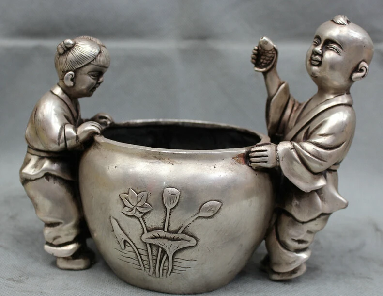 

JP S62 8" Marked Chinese Qing Qianlong Silver 2 Children Kid Statue ashtray Bowl Censer B0403