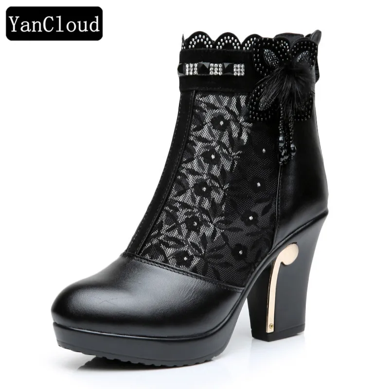 

Fashion Women's Genuine Leather Boots Summer 2018 Hollow Lace Floral Platform Medium Heels Ankle Boots Women Shoes
