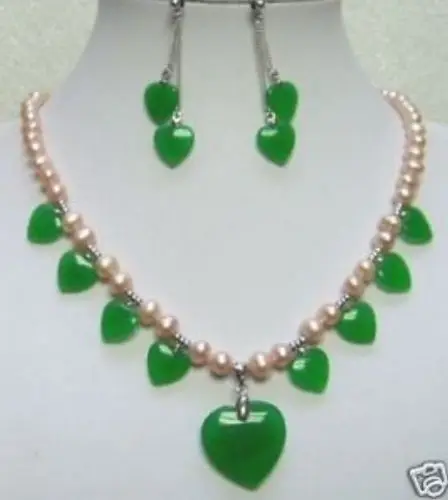 

>2 color ! white/pink pearl&green heart jade necklace pendant earrings set A400 (A0423) -Top quality free shipping