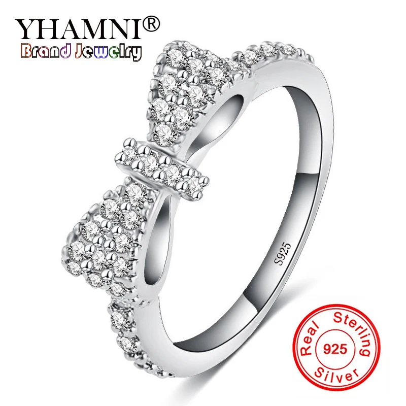 

YHAMNI 100% Original Solid 925 Silver Sparkling Bow Knot Stackable Ring Micro Pave CZ for Women Gift Jewelry KER935