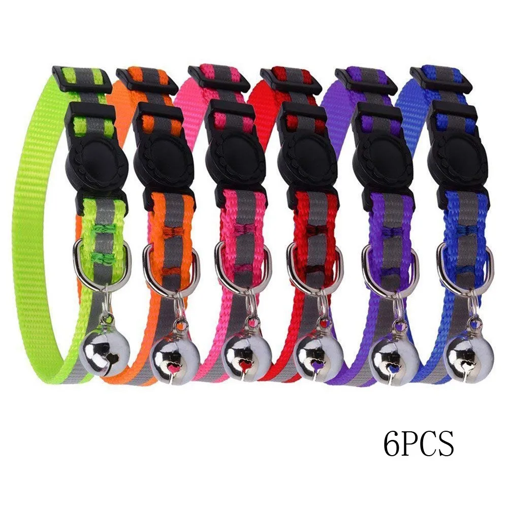 

6PCS Reflective Adjustable Cat Collars Safety Quick Release with Bell Outdoor Security Training Dog Harness Pet Supplies Collar