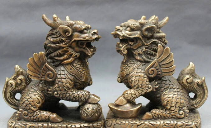 

S2632 Marked Chinese Bronze Copper FengShui Wealth YuanBao Dragon Kylin Statue Pair D0317