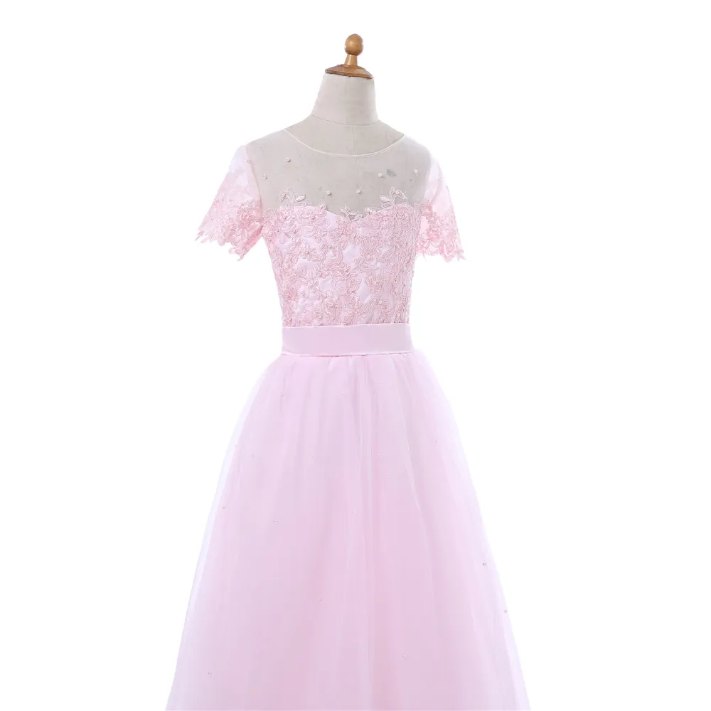 2019 Розовые Платья с цветочным узором для девочек на свадьбу, бальное платье с рукавами-крылышками, фатиновые кружевные платья с жемчугом