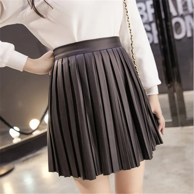 

Black Sexy PU Solid Faux leather Slim Empire Mini Pleated Skirt Women Jupe femme Falda de las mujeres