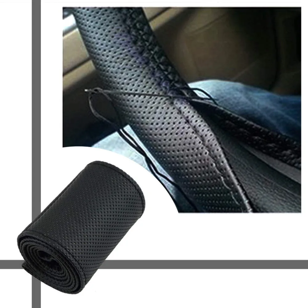 

1 PCDIY Car Steering Wheel Cover With Needles and Thread Artificial leather Black Fit for Diameter 38cm