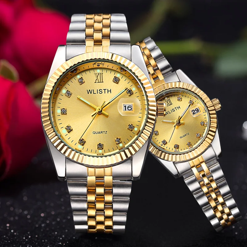 WLISTH Топ Бренд роскошные золотые часы для мужчин и женщин часы Авто Дата Водонепроницаемый Пара часы модные часы из нержавеющей стали набор часов
