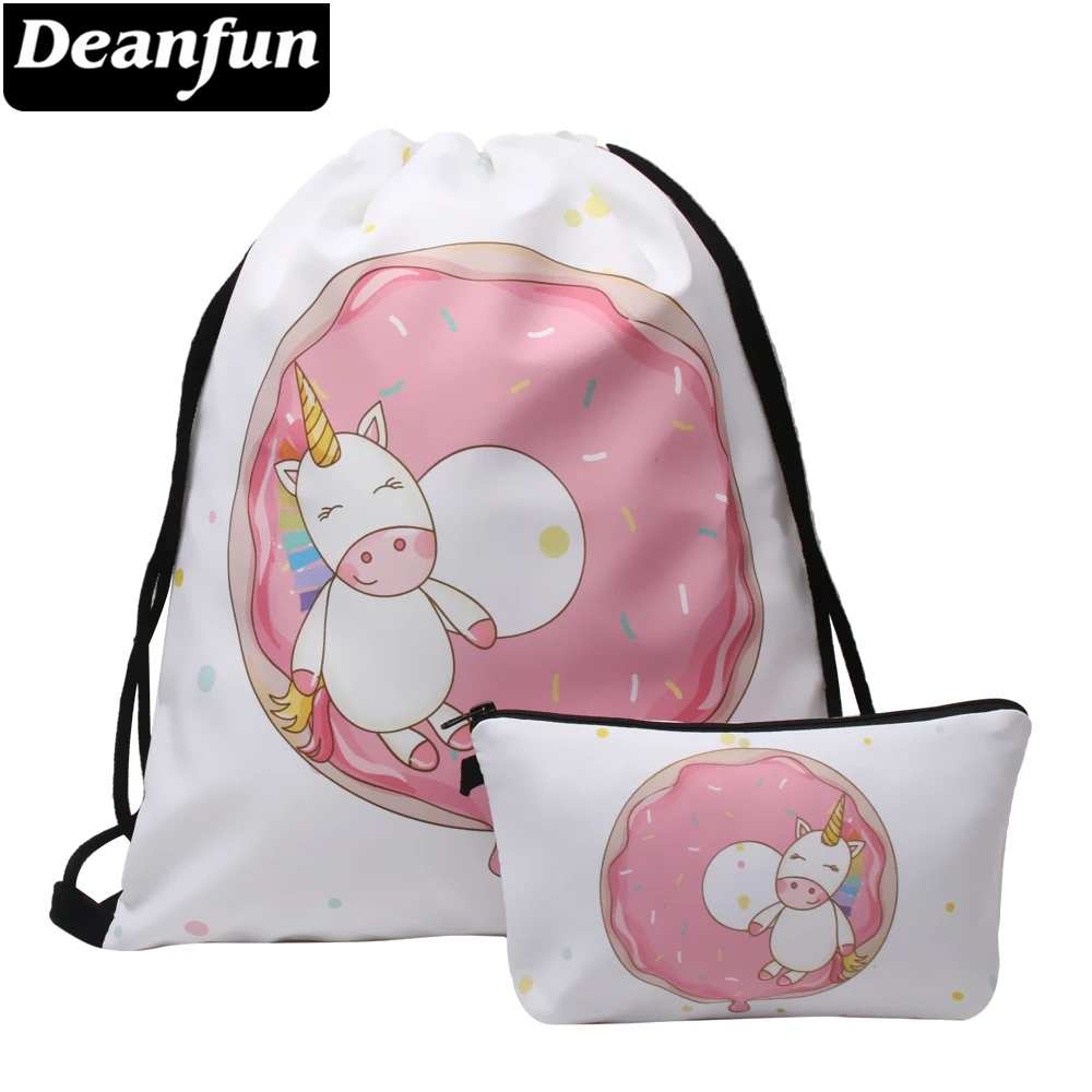 Deanfun Drawstring сумка 2 шт. комплект 3D печатных Единорог пончики для женщин Travellling 012