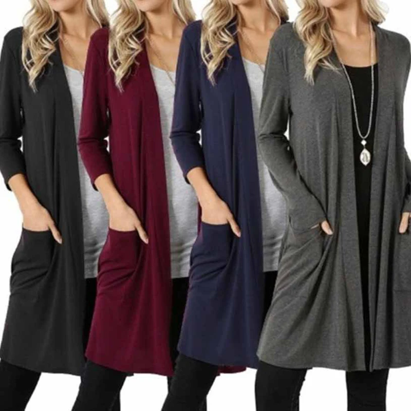 

1PC Open Front Cardigan Sweater Plus Size Long Sleeve Pockets Loose Casual Cardigan Coat Autumn Winter Clothing For Women