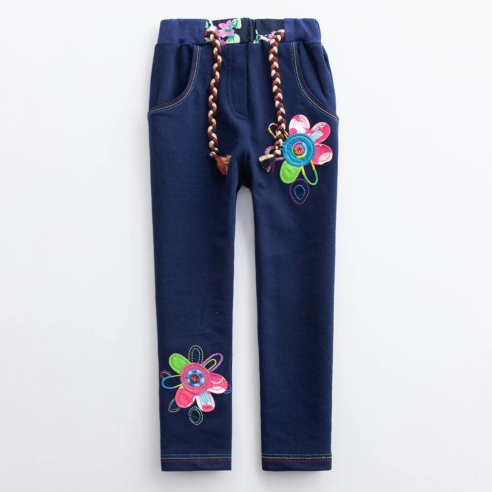 JUXINSU/хлопковые брюки для отдыха для девочек; детские штаны; красивый пояс с цветочной вышивкой для детей 1-7 лет