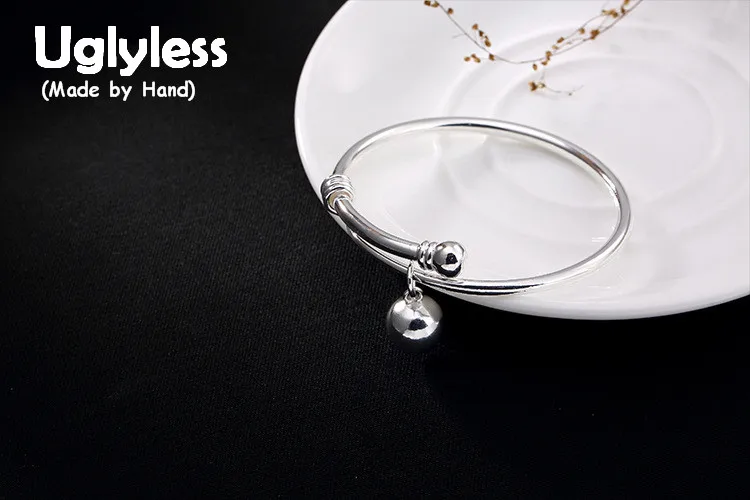 

Uglyless Real 990 Silver Fine Jewelry Cute Ball Charms Bangles for Women Simple Fashion Glossy Bangle Handmade Adsjutable Bijoux