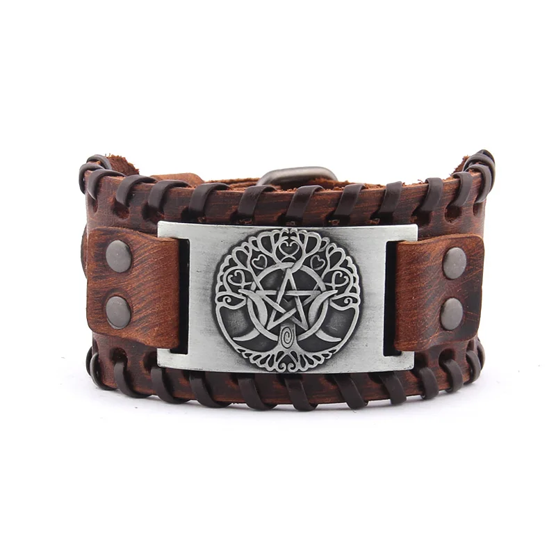 

Tree of Life and Pentagram Vintage Wrap Leather Man Bracelets With Antique Bronze Metal Charm Viking Bracelet Jewelry