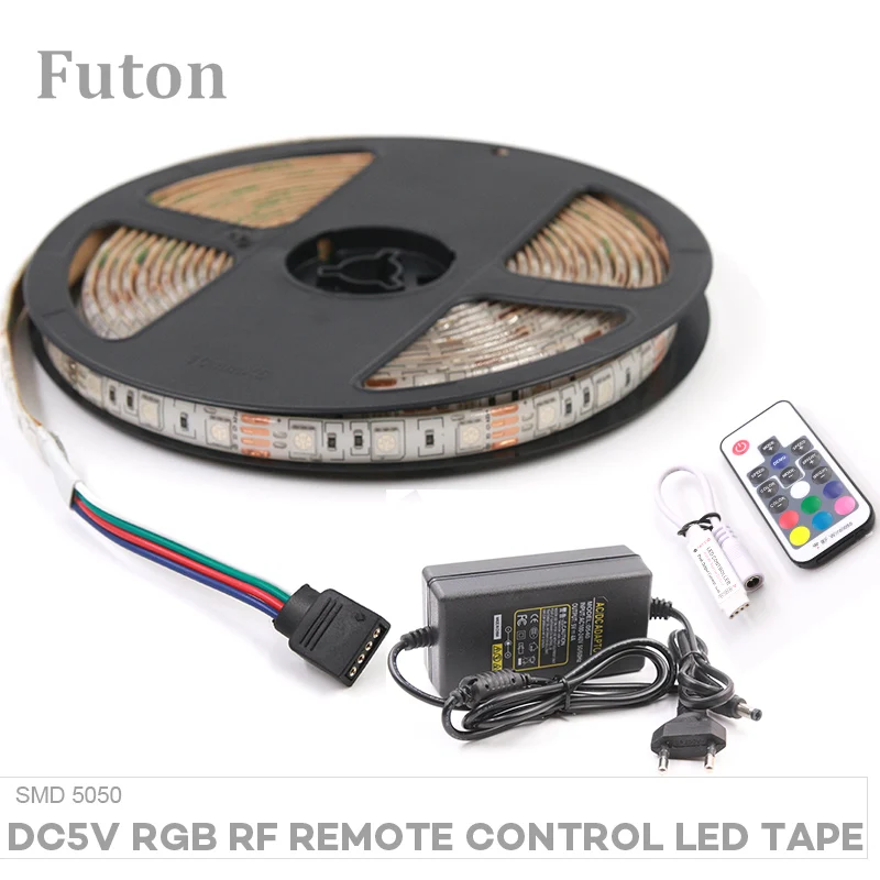 

5m DC 5V Wireless RF Remote Control RGB LED Light Strip With Adapter SMD5050 Waterproof Flexible LED Tape For Decoration