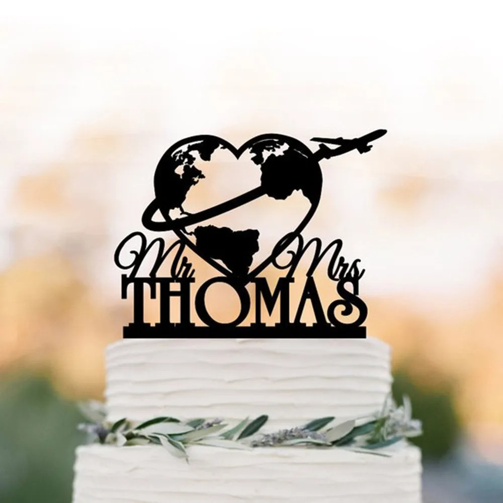 

Travel Themed Custom Wedding Cake Topper,Mr and Mrs World Map Airplane Cake Topper, Personalized Unique Cake Top Decorations
