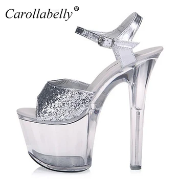 

Big Size 35-44 15/17/20 CM Thin High Heels Women Crystal Pumps Sexy Transparent Sandals Platform Nightclub Shoes Glitter Silver