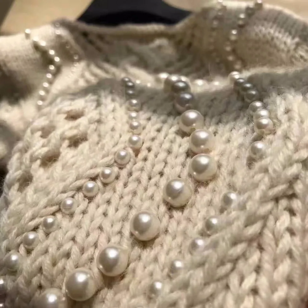 Женские свитера и пуловеры, элегантные женские свитера, удивительный украшенный жемчугом вязаный свитер, зимняя теплая одежда pull femme