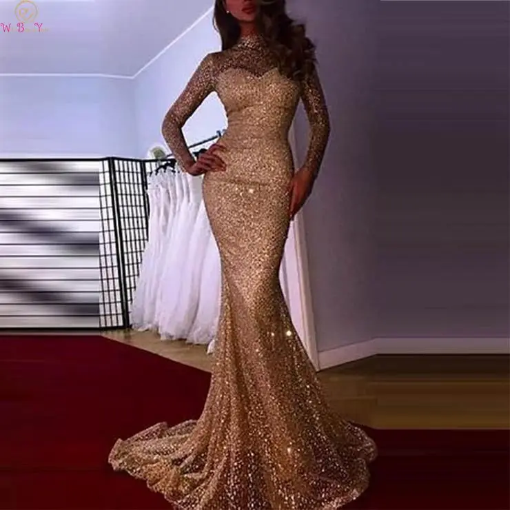 

Women Mermaid Evening Dresses 2019 Sexy Gold Long Sleeve High Neck Sequined Formal Party Floor Length Long Gowns robe de soiree