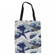 Для женщин сумки модные сумки из натуральной кожи холст малых волн Хокусай печатных женские сумки через плечо сумка-тоут парусиновые сумки для покупок