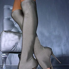 Пикантные женские сапоги с высоким голенищем из эластичной ткани; открытые босоножки на тонком каблуке с открытым носком; цвет красный, серый, черный; Прямая поставка; большие размеры США 10