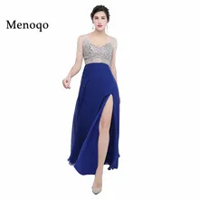 Королевского синего цвета вечерние платья невесты банкет сексуальные v-образным вырезом Короткие рукава, украшенный бусами Длинные вечерние платья выпускного вечера длинное вечернее платье