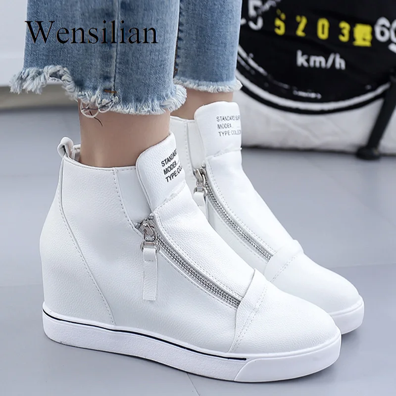Vulcanize White Wedges Women Sneakers Basket Femme Trainers Zipper