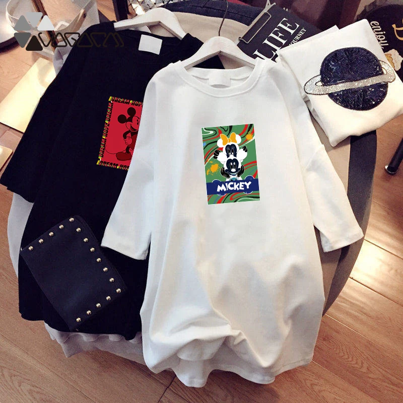 

2019 Summer Minnie Mickey Mouse Print Clothing Women Mini Dresses Loose Cartoon Black Casual Big Size Fashion Mujer Dress