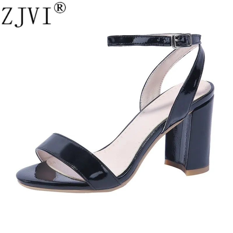 ZJVI women 2018 summer patent genuine leather sandals womens thick high heels sandalias woman sexy ankle strap shoes plus size 4