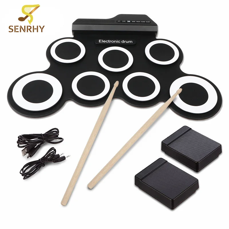 

SENRHY 7 Pad Portable Foldable Practice Instrument Electronic Roll Up Drum Pad Kits with 2 Foot Pedals and Drum Sticks New