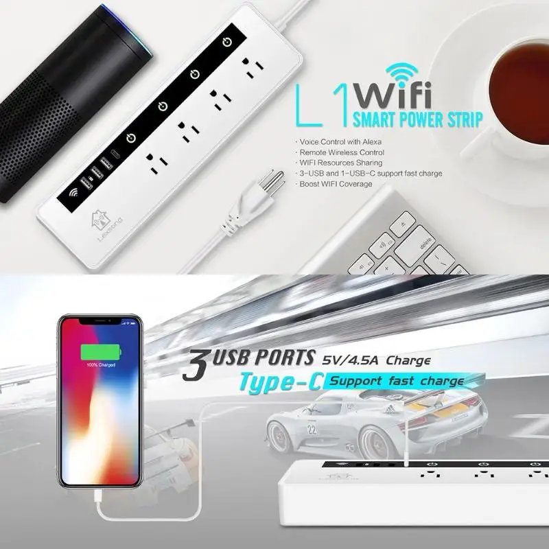 Продажа ALLOYSEED США Plug Беспроводной WI FI умная розетка 4 Порты 3xusb 1xType C Выход APP дистанционного Управление синхронизации Мощность прокладка переключате...