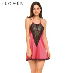 Elover Лето Для женщин пижамы сексуальное женское белье Холтер рукавов спинки Для женщин спереди ночное платье Кружева атласная Эротическое
