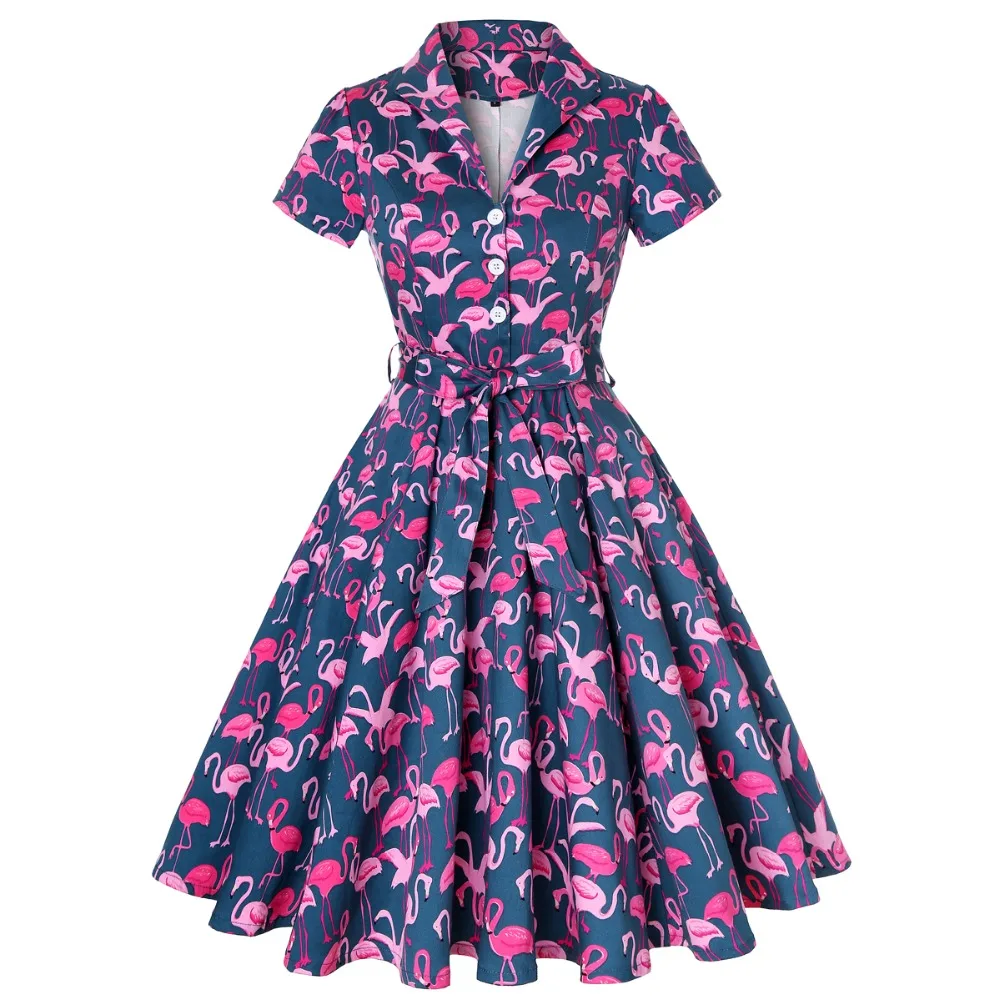 Попугай Фламинго Женская туника-платье короткий рукав 50s взлетно-посадочной полосы рокабилли платья кинозвезды Бизнес повседневной Повседневное свободные платья