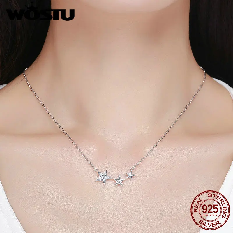 WOSTU Настоящее 925 пробы серебро Искрящийся CZ изысканный Штабелируемый кулон звезда ожерелье для женщин роскошный бренд ювелирные изделия подарок CQN215