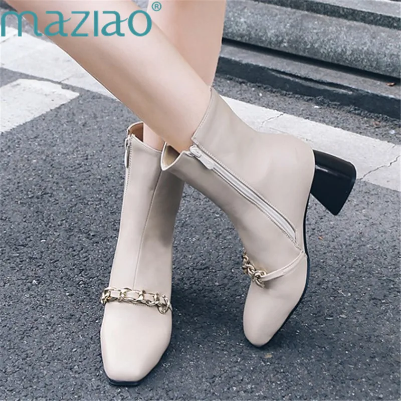 

Square Toe Design Leather Short Women Boots Fashion Comfortable Sqaure High Heels Boots Martin Boots MAZIAO