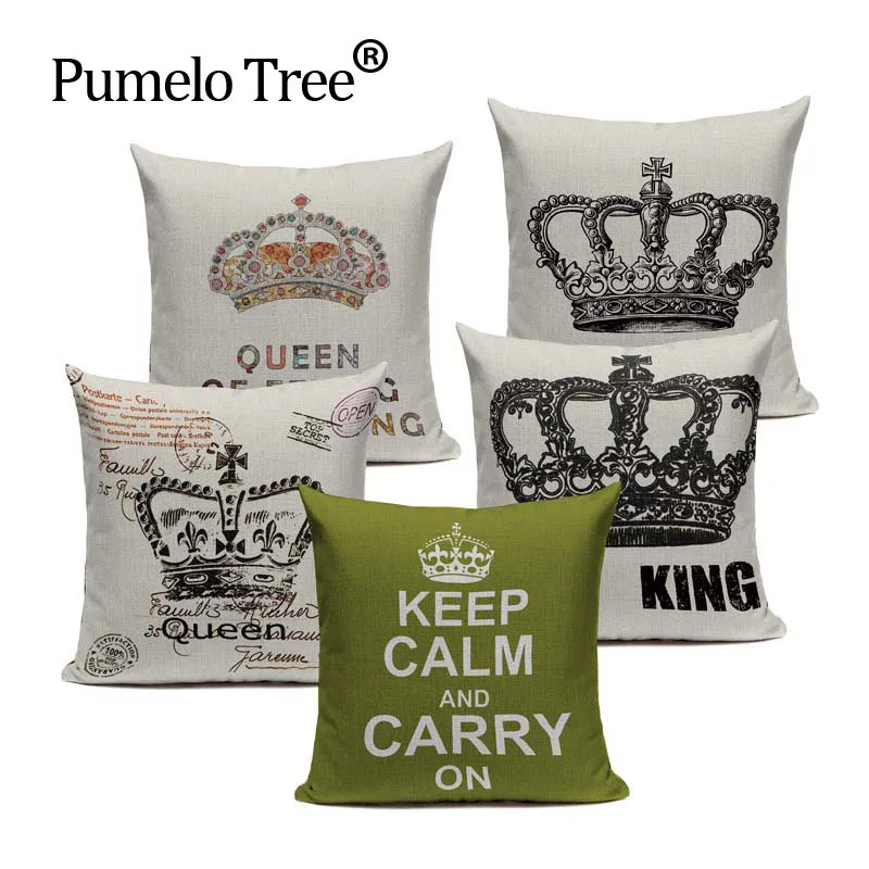 

Retro Home Decorative Cotton Linen Blended Cushion Cover Crown Black White Green Throw Pillow Case King Queen Letter Pillowcase