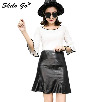 

Leather Skirt Womens Autumn Fashion sheepskin genuine leather Skirt high waist concise office OL trumpet zipper skirts